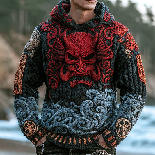 Japanese Flame Claw Oni Art Men's Chunky Knit Hooded Sweater artswardrobe