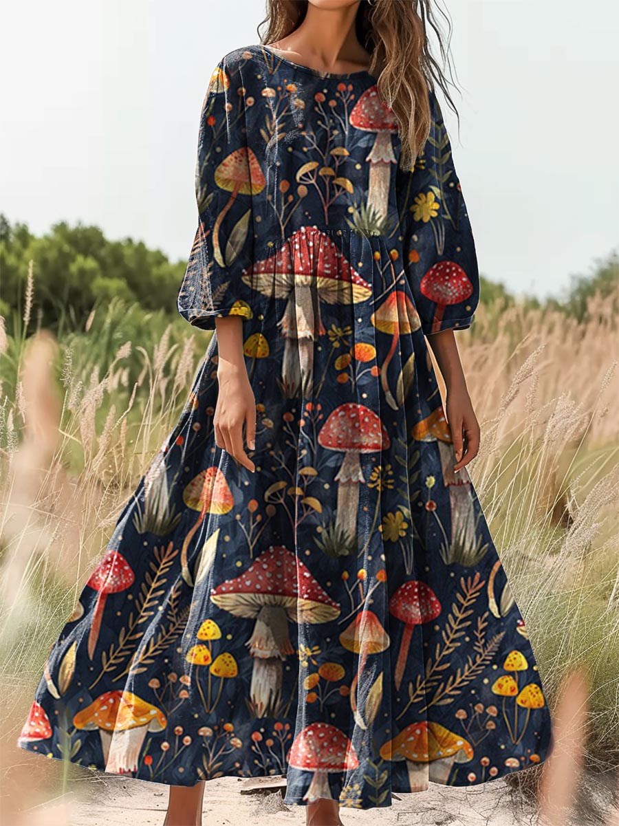 Women's Mushroom Garden Art Print Flowy Cotton Crew Neck Dress
