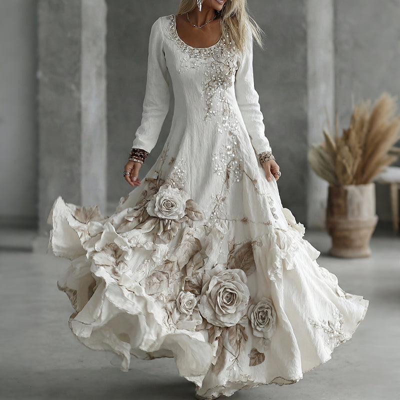 Women's Vintage Boho Floral Art Linen Flowy Maxi Dress elevenforest