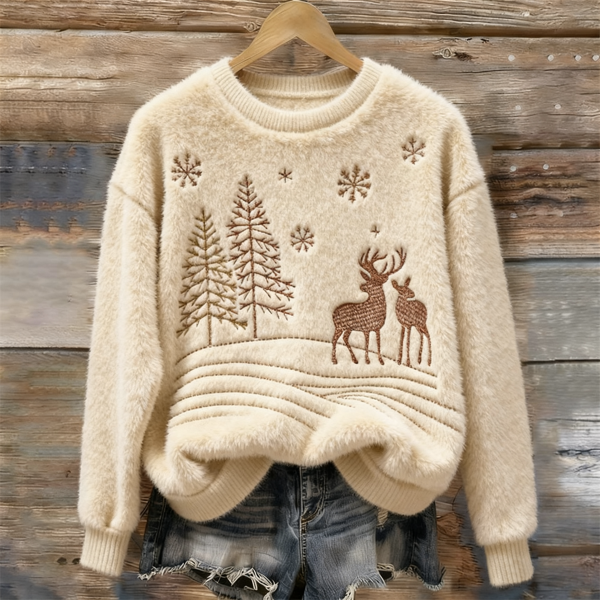 Comstylish Women's Christmas Elk Embroidery Cozy Plush Sweater