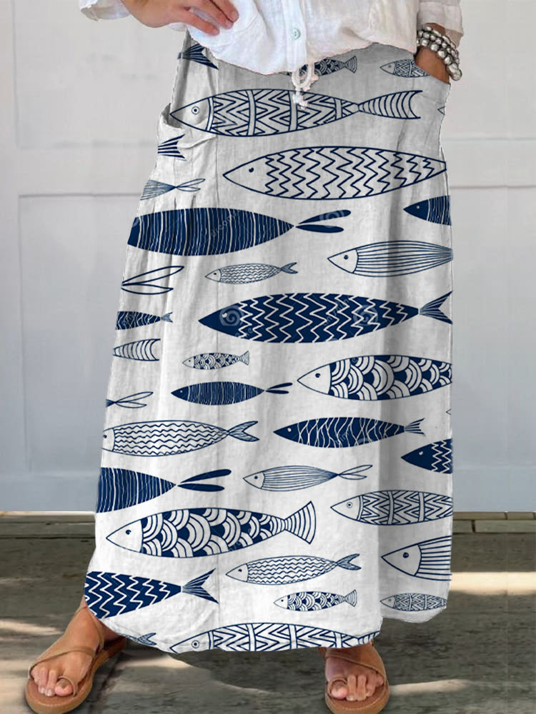 Simple Lines Marine Animals Fish Printed Women's Casual Cotton And Linen