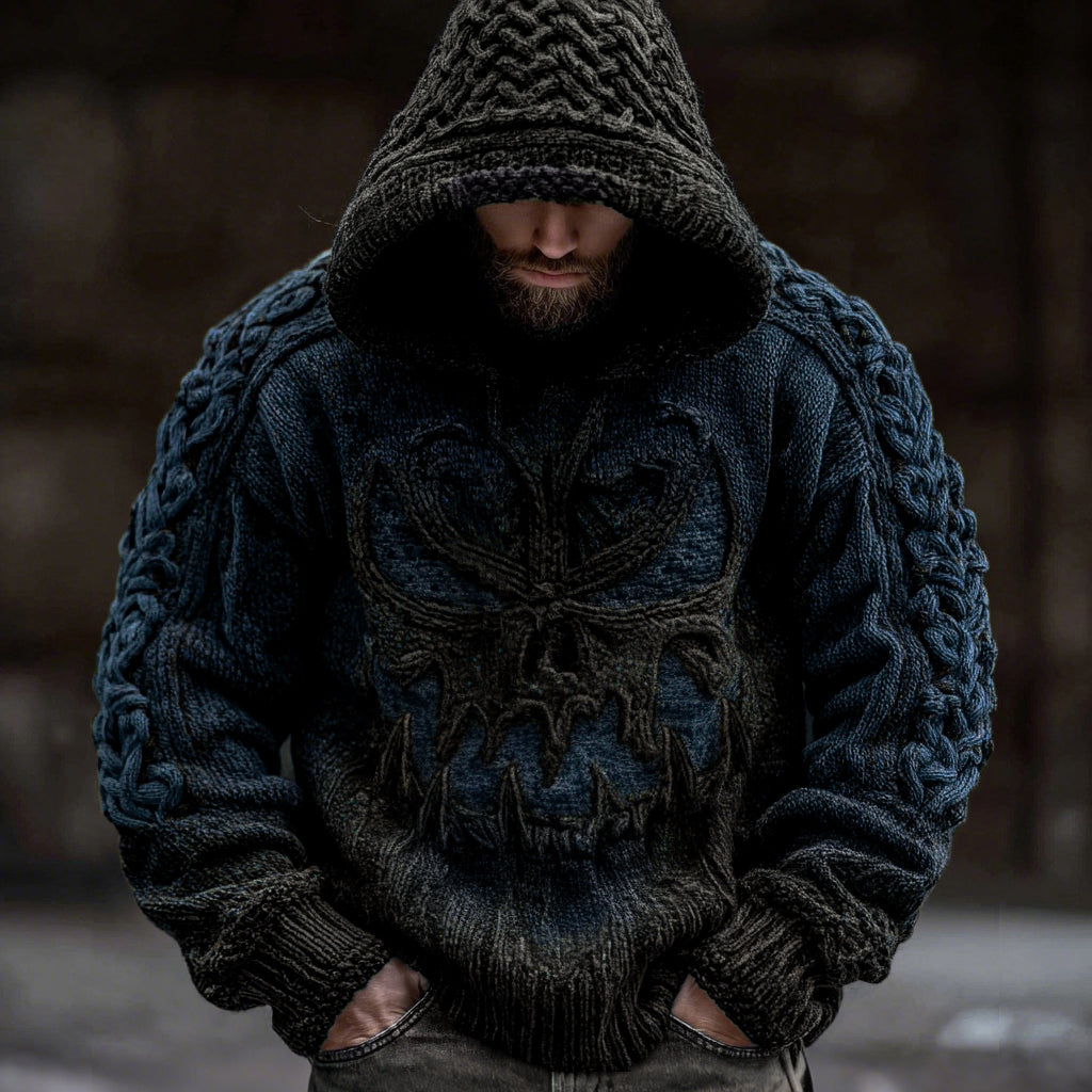 Men's Viking Devil Face Celtic Knot Jacquard Knit Hooded Sweater elevenforest