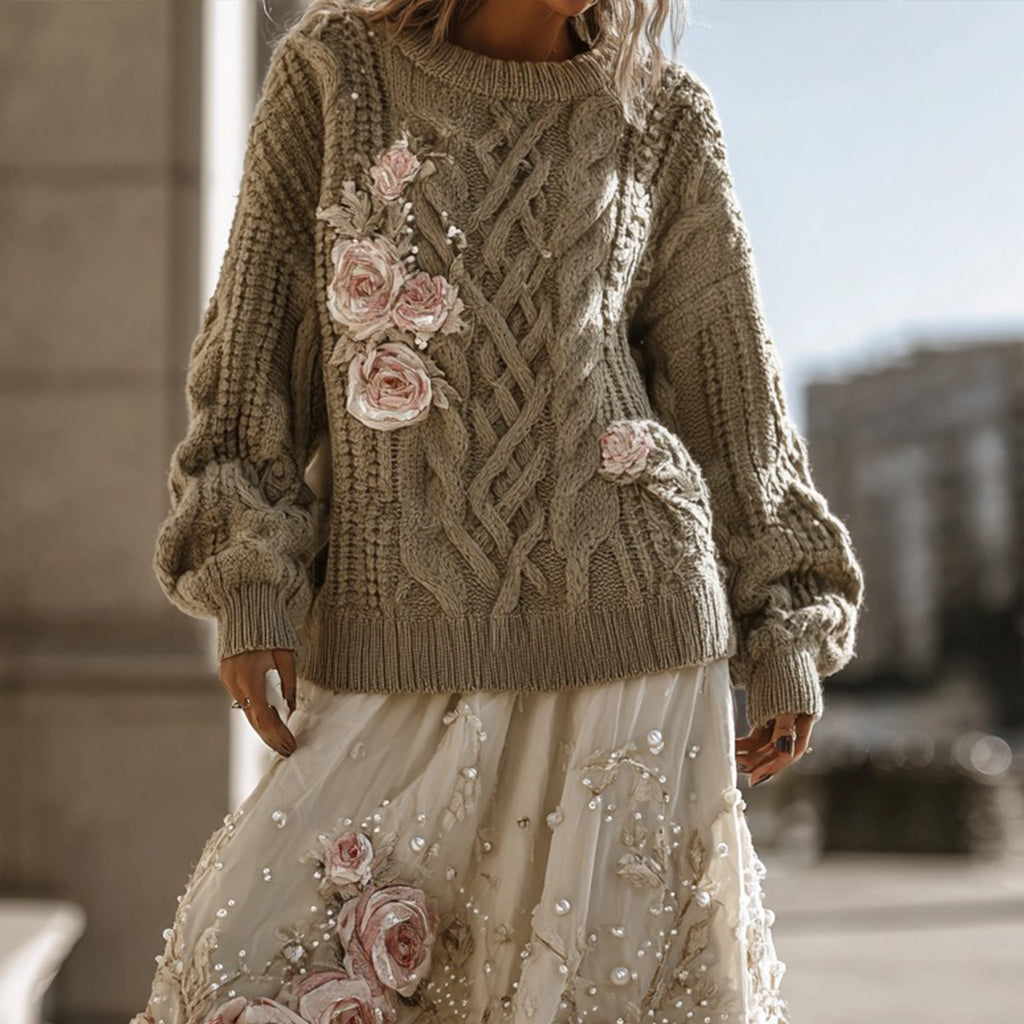 Vintage Rose Pattern Cable Knit Sweater And Linen Skirt Two-piece Set artswardrobe