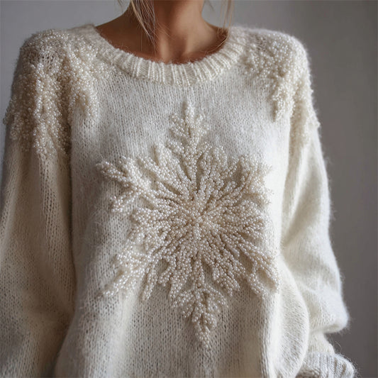 Elegant Snowflake Pearls Beaded Cozy Fuzzy Knit Sweater artswardrobe
