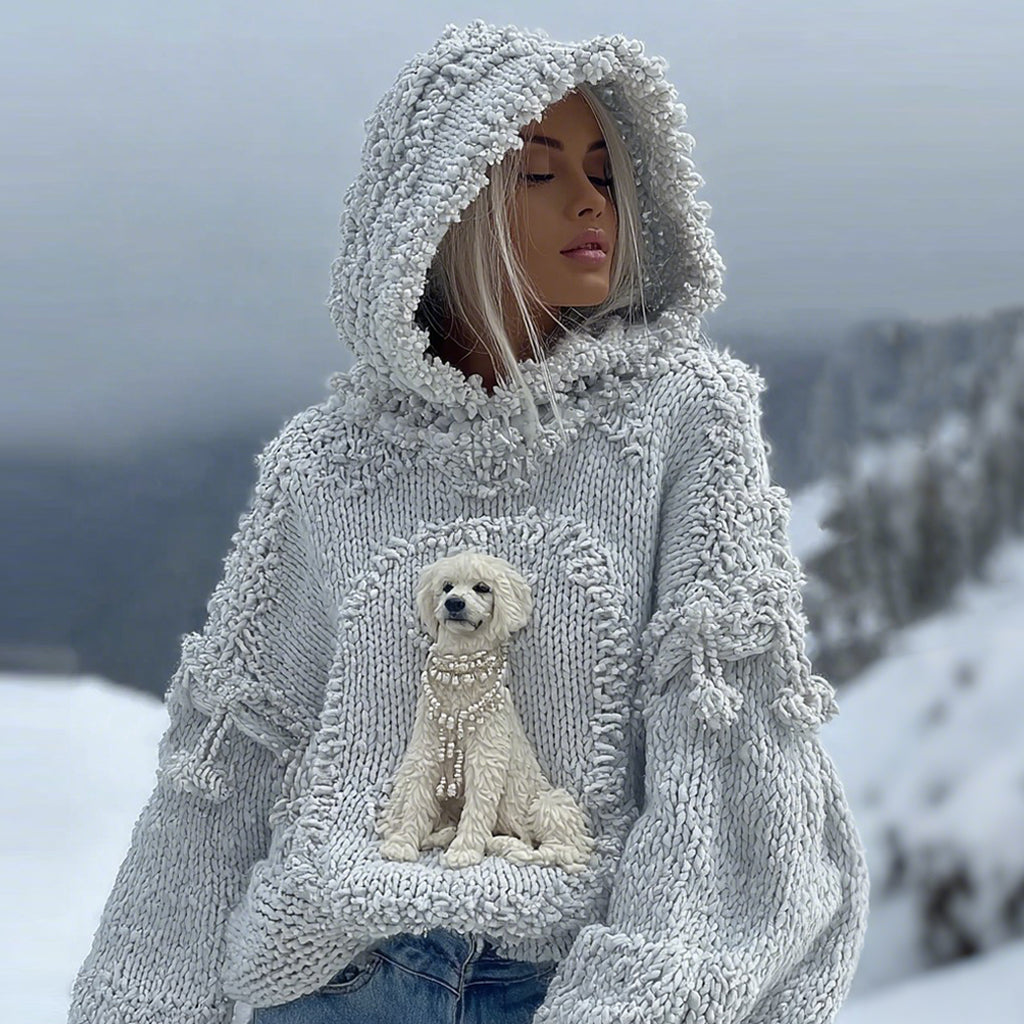 Comstylish Cute Plush Dog Knitted Jacquard Cozy Hooded Sweater