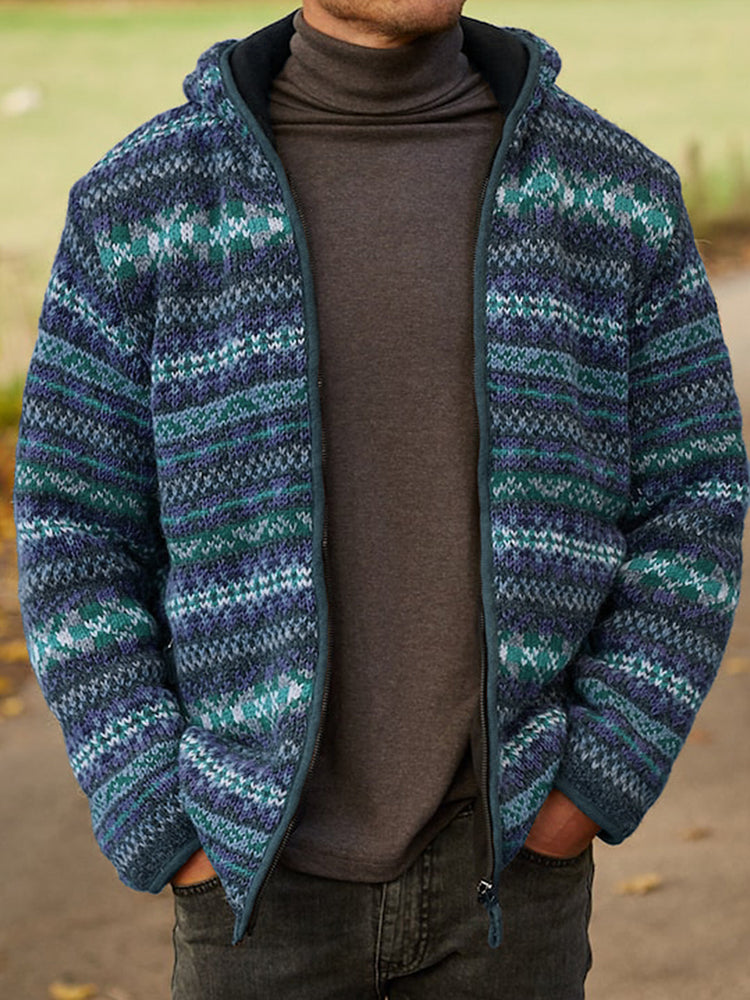 Mens Vintage Fair Isle Knitted Hooded Cardigan elevenforest