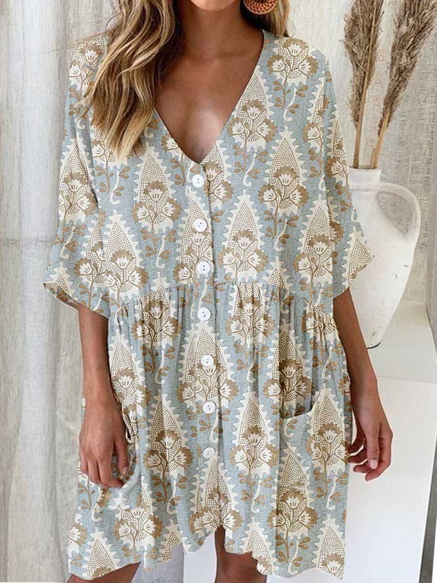 Women's Elegant Floral Cotton and Linen Shirt Style Loose Dress