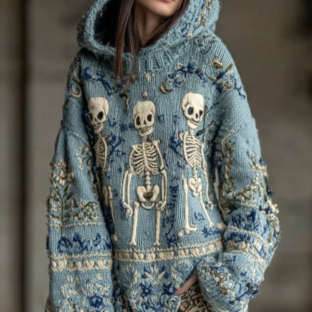 Women's Skull And Floral Art Print Warm And Cozy Hooded Sweater elevenforest