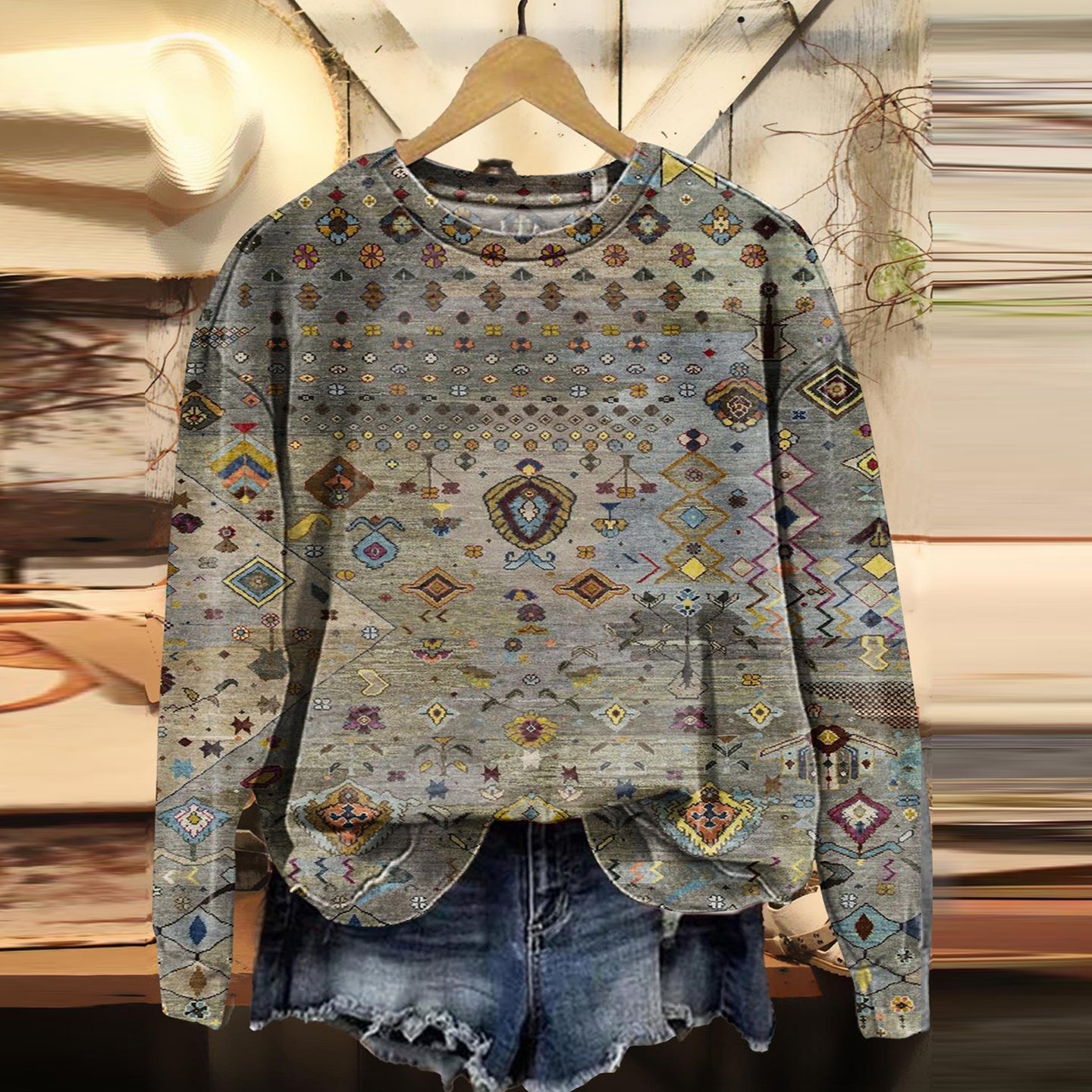Comstylish Vintage Western Ethnic Print Crew Neck Sweatshirt
