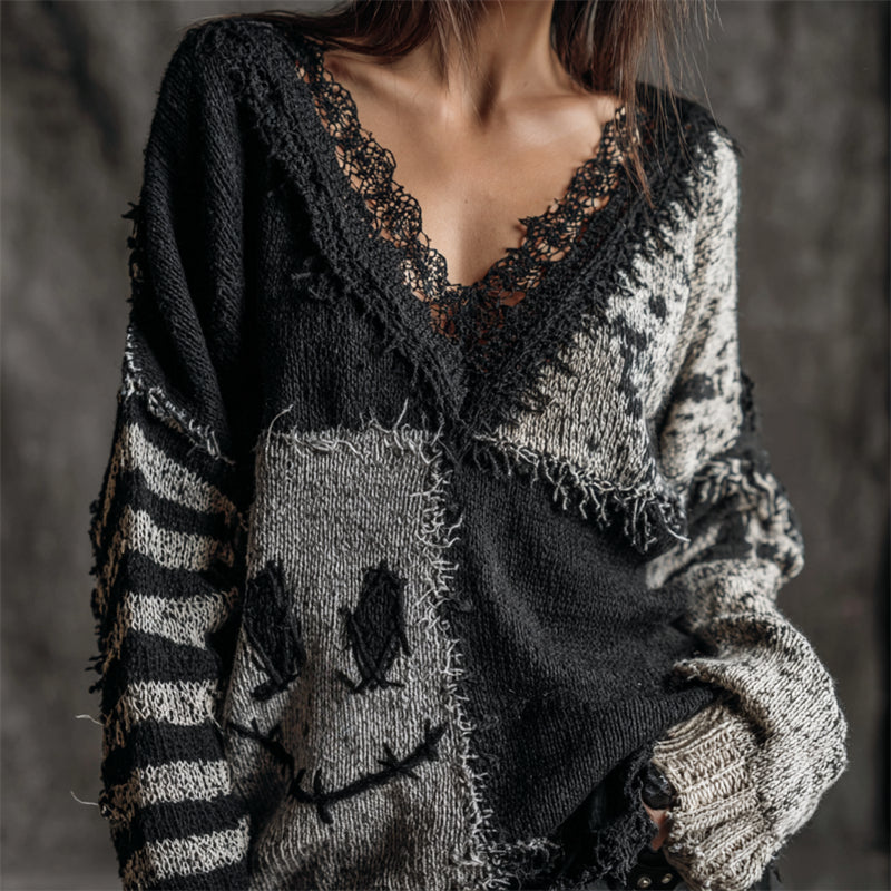 Halloween Spooky Face Contrast Patchwork Cozy Knit Sweater elevenforest