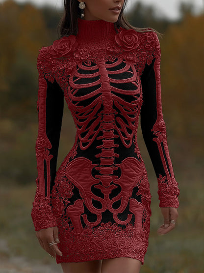 Women's Halloween Skeleton Bones With Rose Art Cozy Knit Turtleneck Mini Sweater Dress artswardrobe