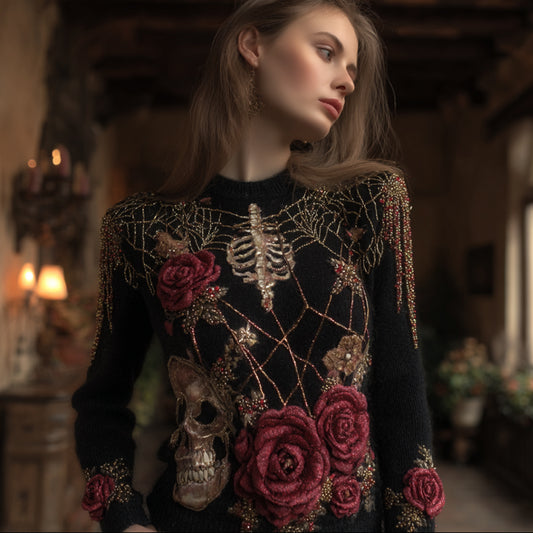 Women's Halloween Embroidered Spider Web Rose Round Neck Sweater artswardrobe