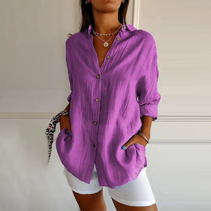 Comstylish Casual Single Breasted Pleated Lapel Solid Color Cotton Linen Shirt