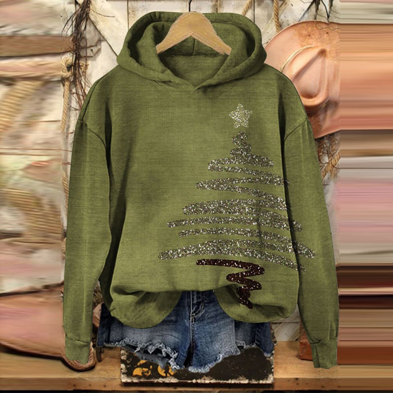 Comstylish Retro Christmas Tree Print Long Sleeve Hoodie