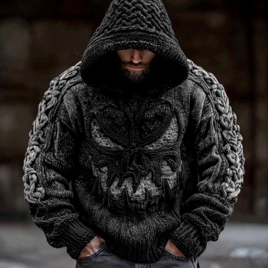 Men's Viking Devil Face Celtic Knot Jacquard Knit Hooded Sweater elevenforest