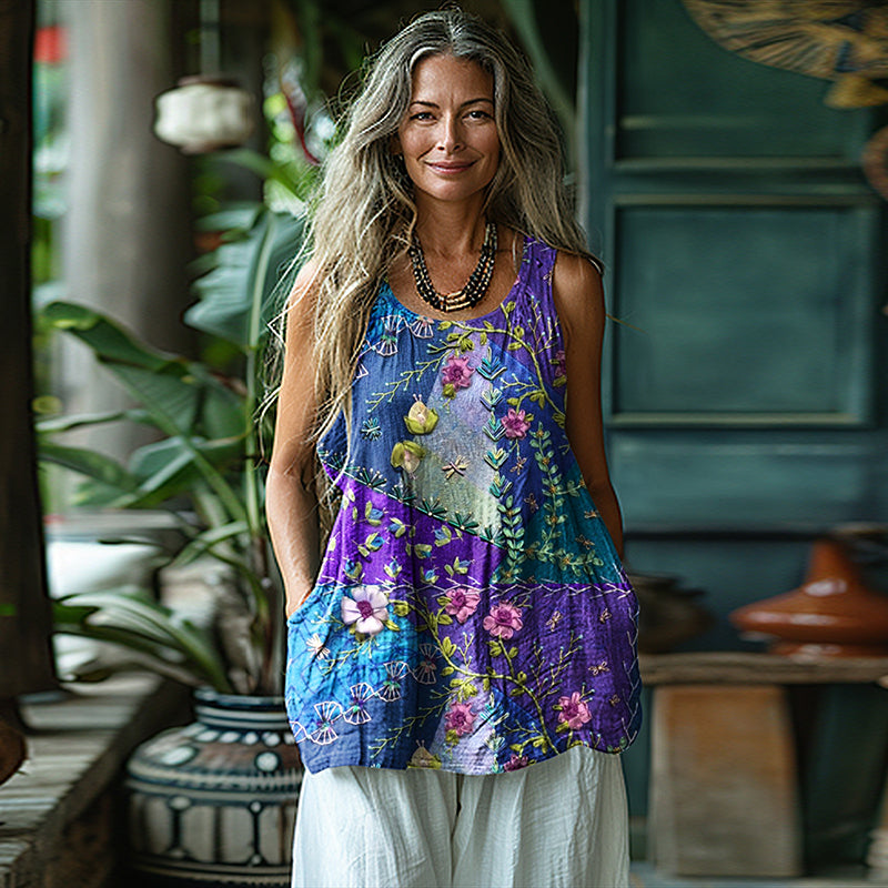 Vintage Floral Art Sleeveless Linen Blend Tank Top artswardrobe