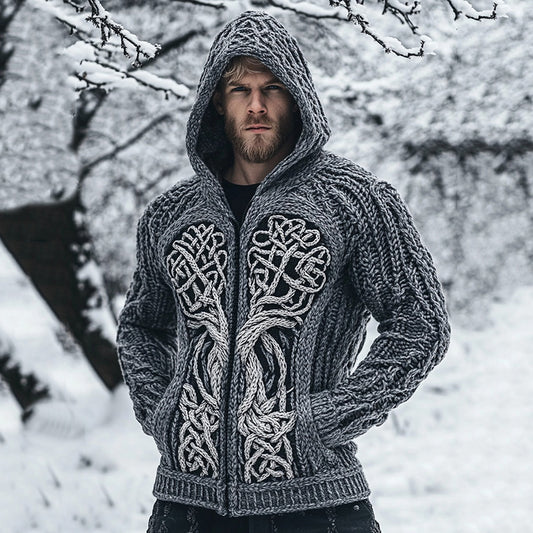 Tribal Viking Life Of Tree Chunky Knit Jacquard Zip-up Hooded Sweater artswardrobe