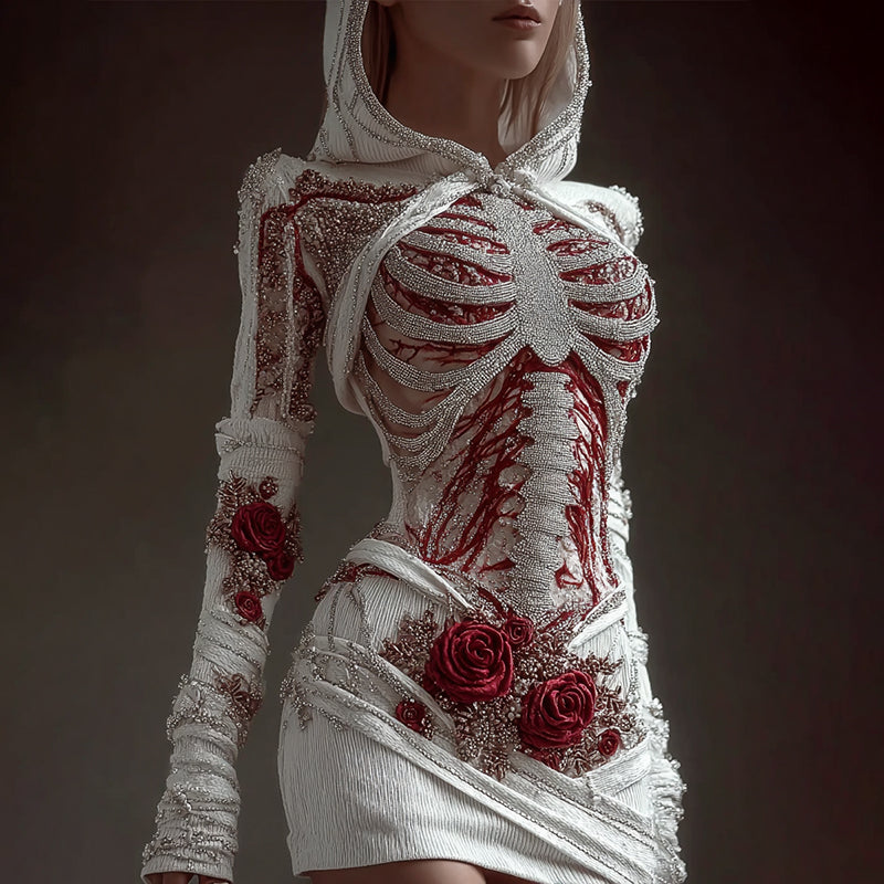 Women's Skeleton Roses Bandages Knit Hooded Mini Sweater Dress artswardrobe