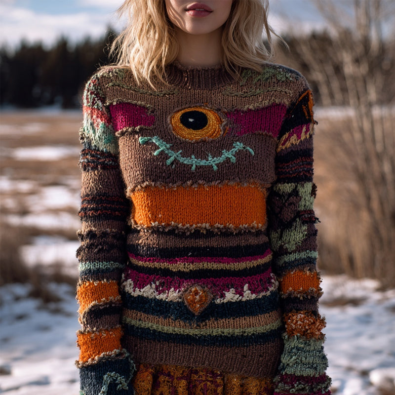 Vintage Spooky Eyeball Striped Patchwork Cozy Knit Sweater elevenforest