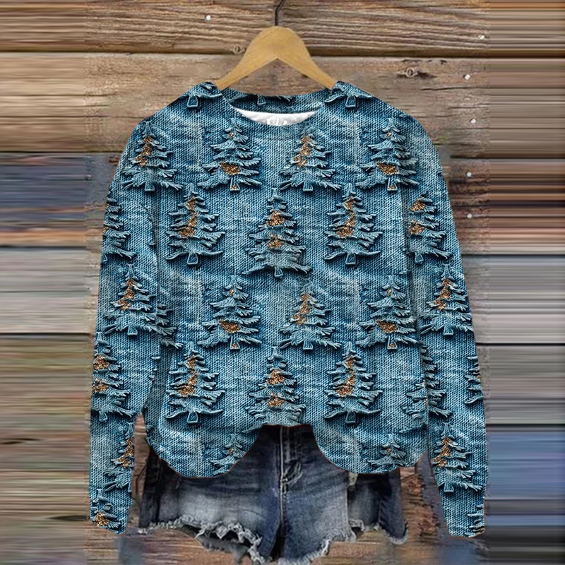 Comstylish Retro Christmas Tree Print Round Neck Sweatshirt
