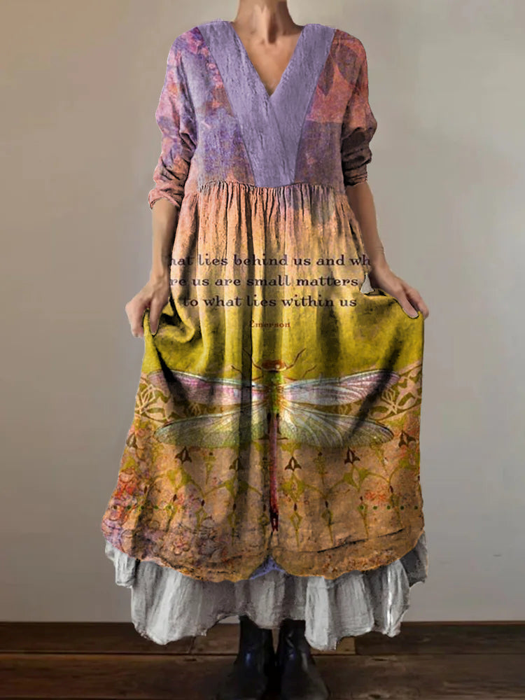 Women's Vintage Dragonfly Art Print V-Neck Button Pocket Cotton Dress