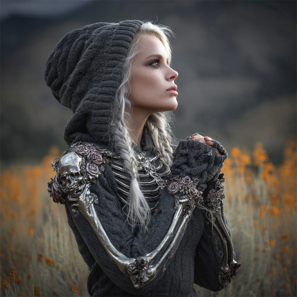 Halloween Mechanical Skeleton Floral Patchwork Art Women's Hooded Knit Sweater artswardrobe