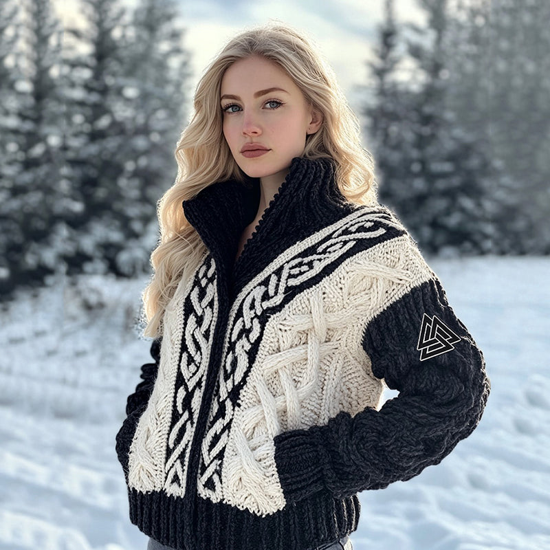 Women's Viking Tribal Jacquard Celtic Inspired Chunky Knit Zipper Cardigan elevenforest