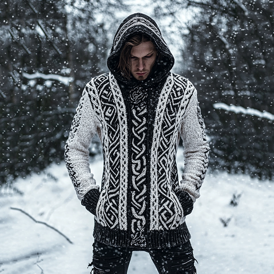 Vintage Viking Rune Thick Needle Comfortable Warm Hooded Sweater elevenforest