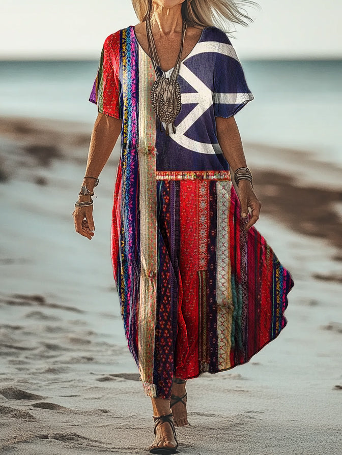 Women's Hippie Floral Patchwork Art Print Pocket Cotton Dress