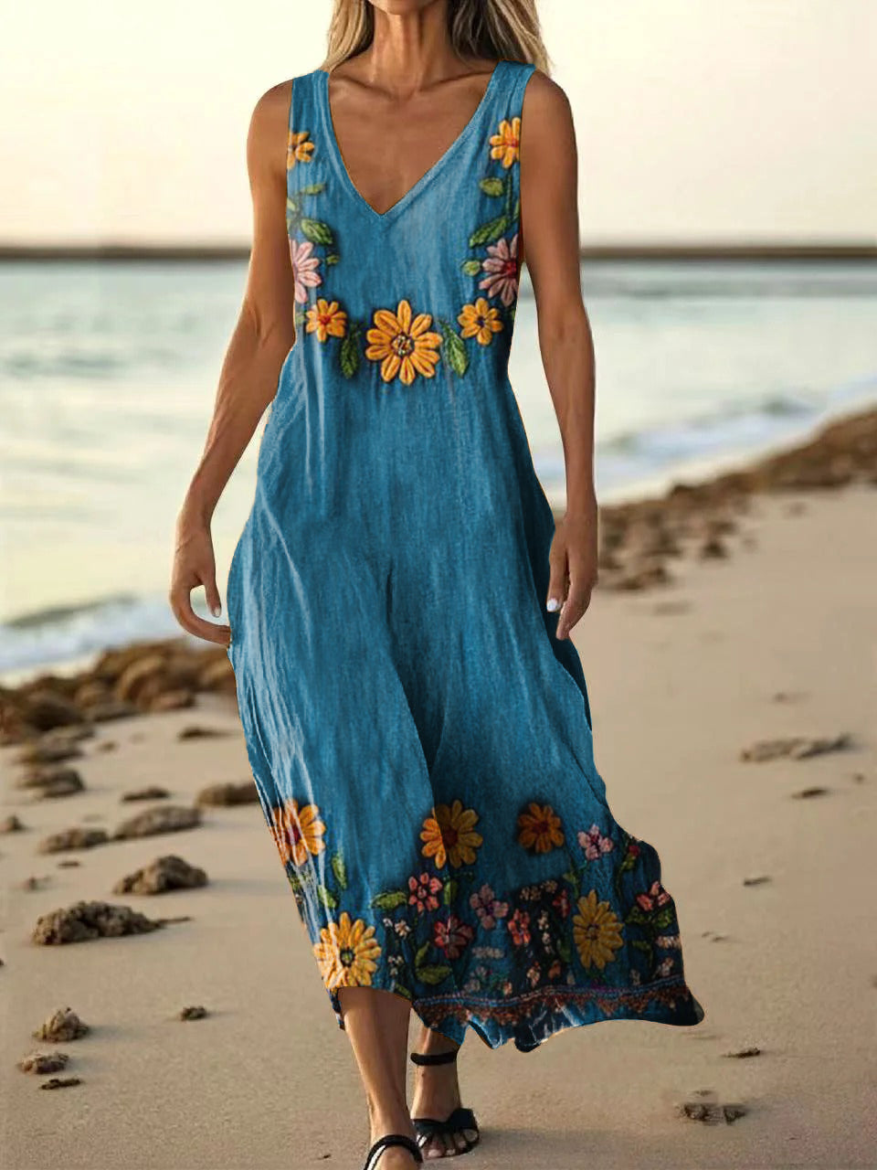 Women's Bohemian Floral Art Print Pocket Cotton Dress