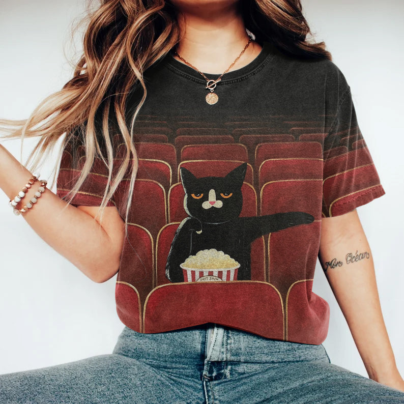 Cat Watching Movie Print Crew Neck T-Shirt elevenforest