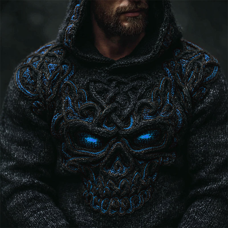 Men's Halloween Skull Celtic Knot Chunky Cozy Knit Hooded Sweater artswardrobe