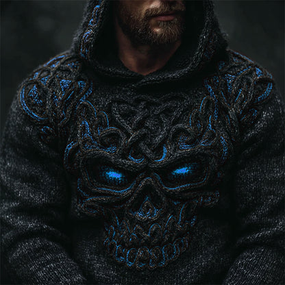Men's Halloween Skull Celtic Knot Chunky Cozy Knit Hooded Sweater artswardrobe