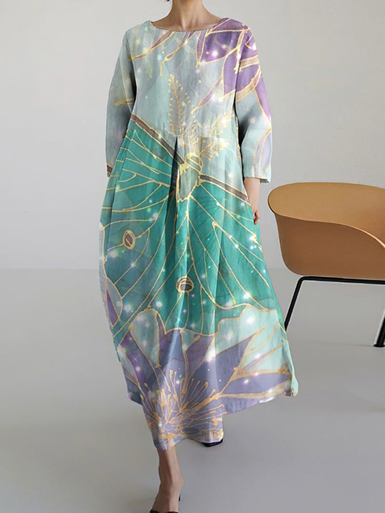 Japanese Art Butterfly Print Loose Midi Dress