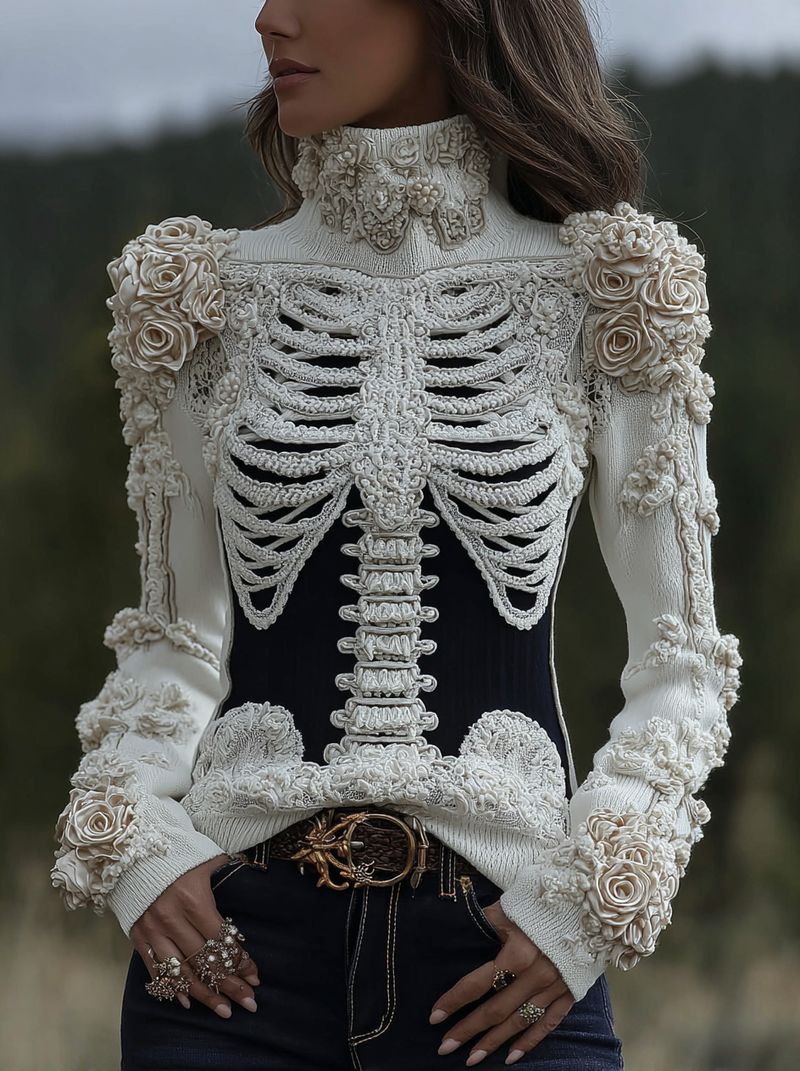 Maglione in cotone con ossa di scheletro bianche