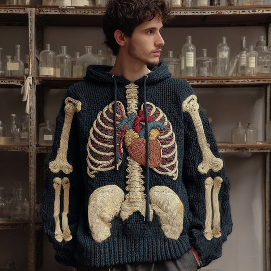 Men's  Halloween Skeleton Crochet Cozy Hooded Sweater artswardrobe