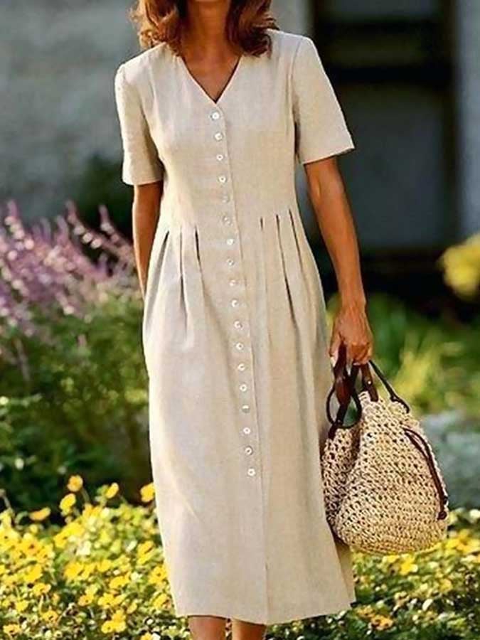 Casual Cotton Linen Solid Color Dress