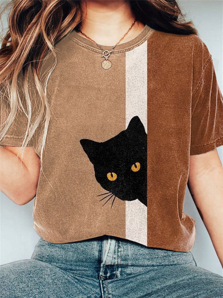 Cute Cat Print Casual Cotton T-Shirt elevenforest