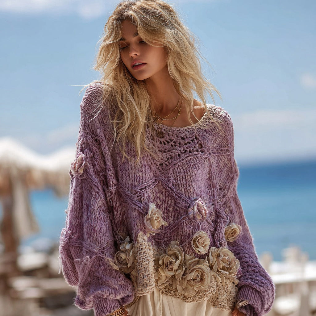 Women's Boho Rose Chunky Knit Crew Neck Colorblock Design Aran Sweater elevenforest