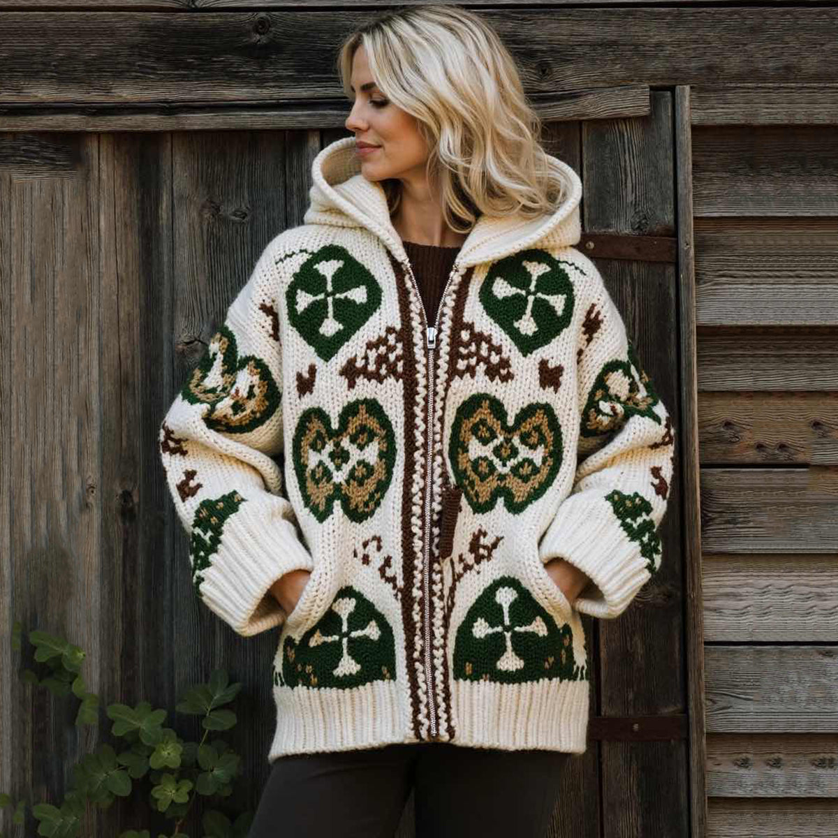 Women's Vintage Knit Jacquard Zipper Pocket Hoodie Cardigan artswardrobe