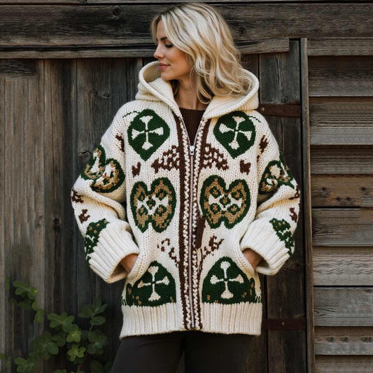 Women's Vintage Knit Jacquard Zipper Pocket Hoodie Cardigan elevenforest