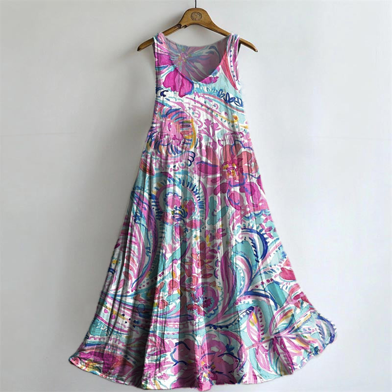 Vintage Floral-embellished Patterned Art Print Round Neck Sleeveless C