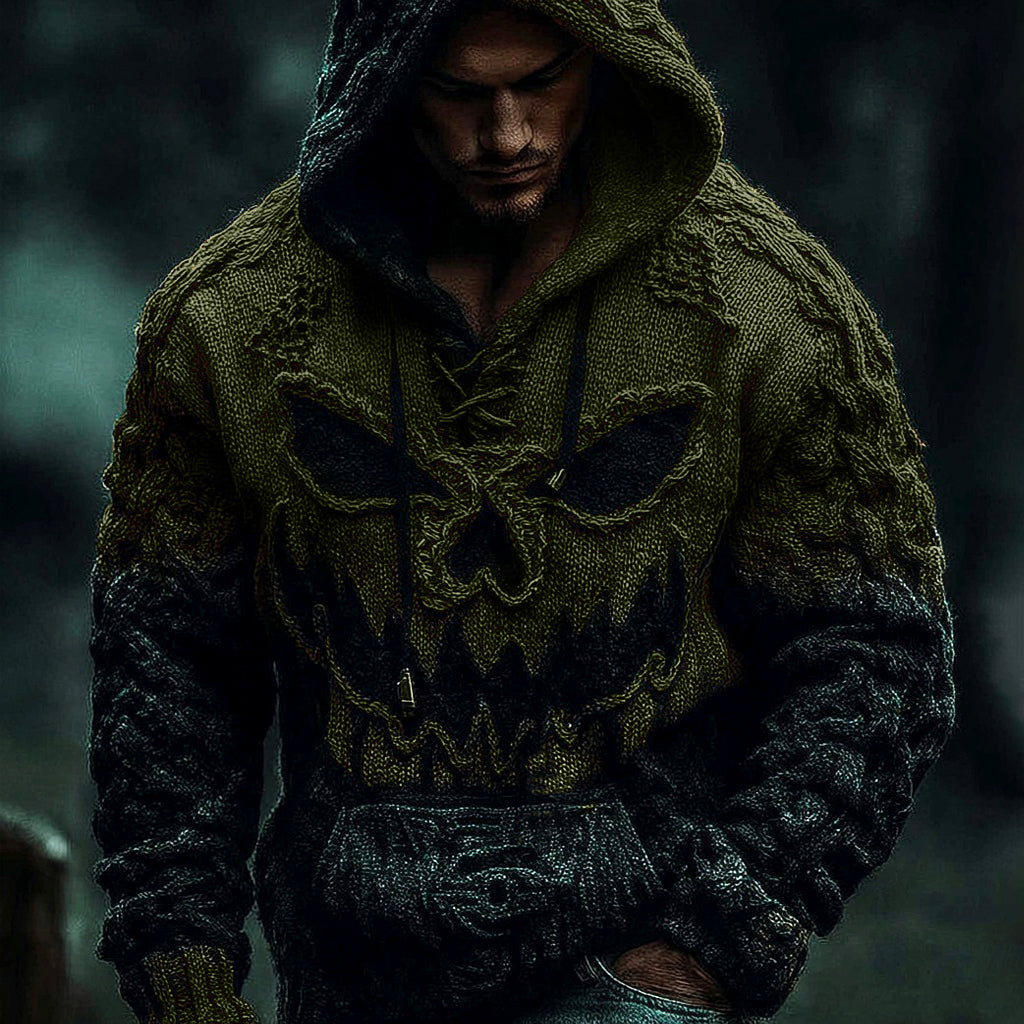 Men's Halloween Pumpkin Face Gradient Jacquard Knit Hooded Sweater artswardrobe