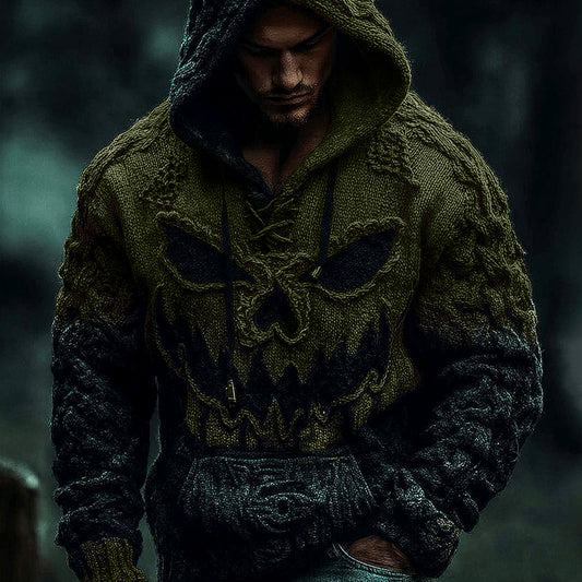 Men's Halloween Pumpkin Face Gradient Jacquard Knit Hooded Sweater artswardrobe
