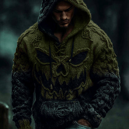 Men's Halloween Pumpkin Face Gradient Jacquard Knit Hooded Sweater elevenforest