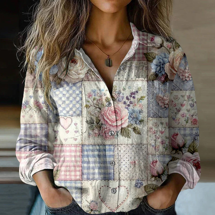 Comstylish Women's Vintage Bohemian Patch Cotton And Linen Button-down Shirt