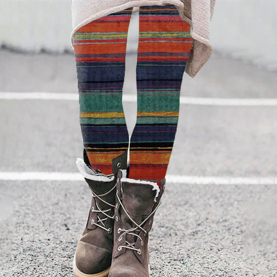 Vintage Geometric Rainbow Stripe Colorblock Patchwork Cozy Knit Leggings elevenforest