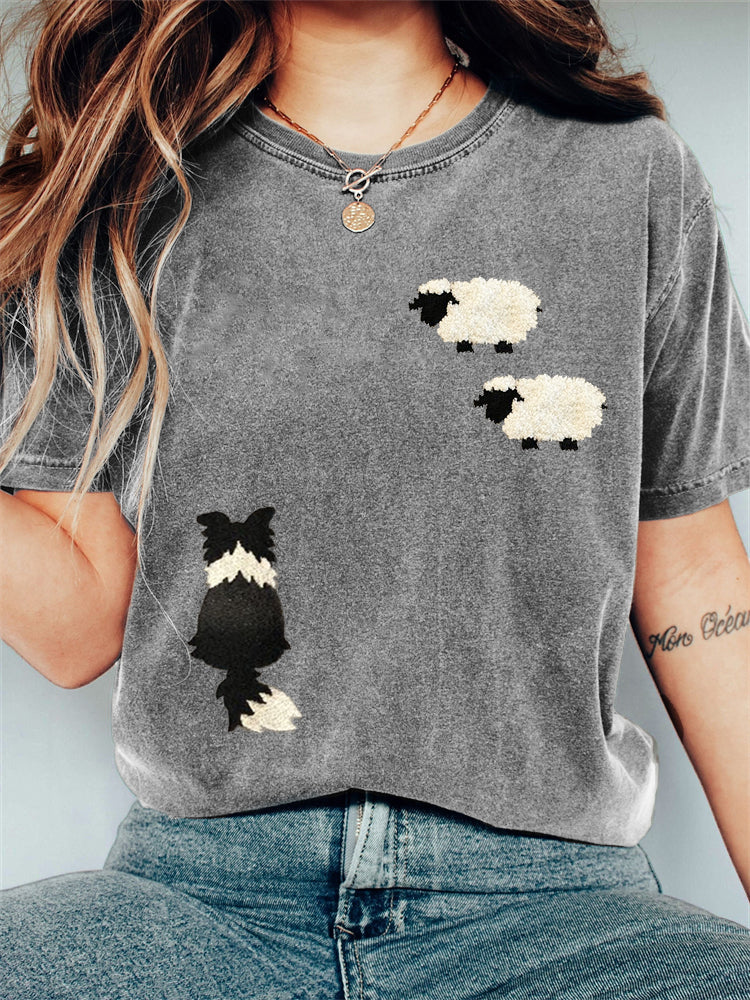 Comstylish Border Collie & Sheep Embroidered Vintage T Shirt