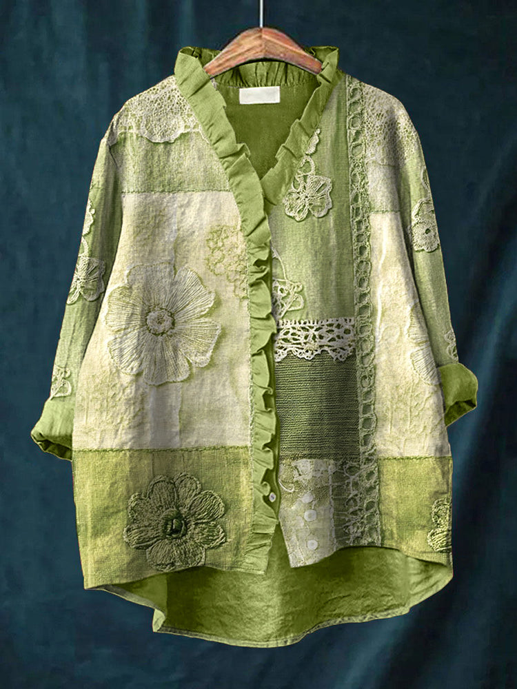 Lace Floral Embroidered Linen Blend Ruffle Shirt artswardrobe