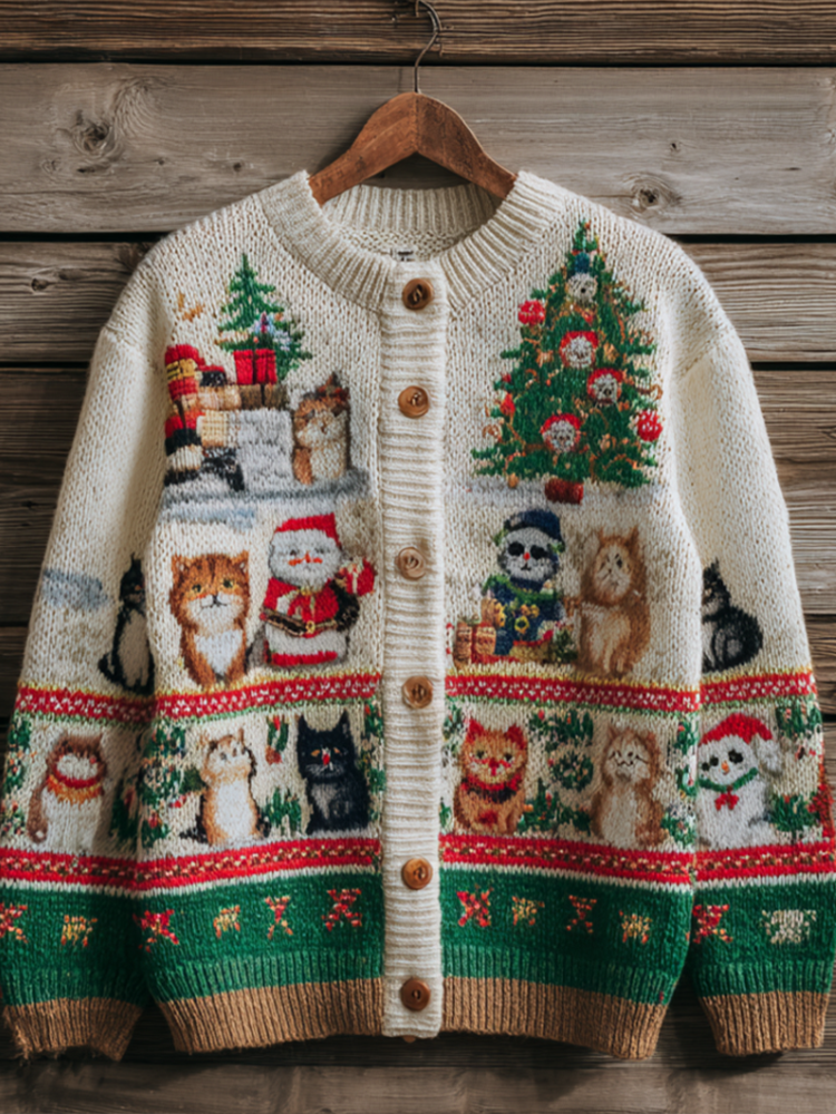 Comstylish Christmas Fun Cat Women's Knit Sweater Coat